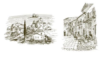 A pen-and-ink illustration of a Tuscan farmhouse and a charming Italian village street with historic stone buildings.