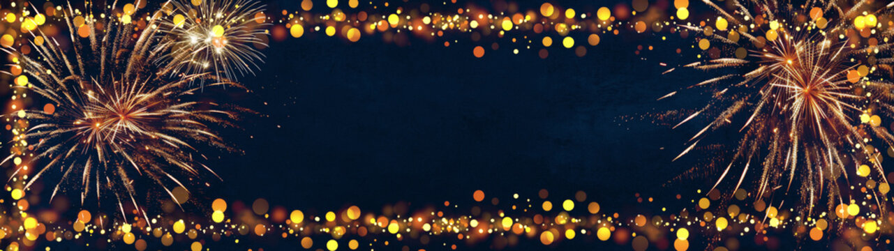 ilvester, New Year's Eve, Festival Party New Year 2026, new years eve Fireworks background banner panorama - firework on rustic dark blue night sky texture