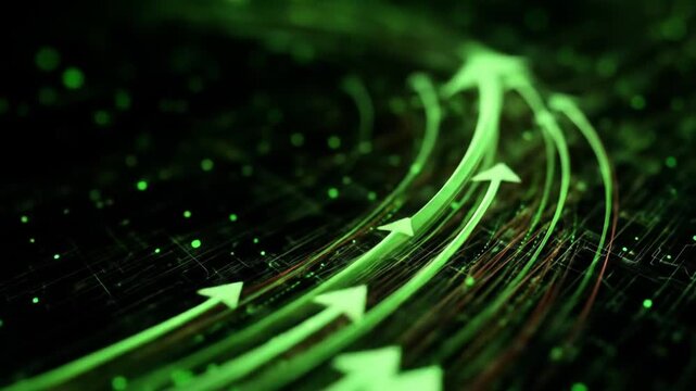 Abstract green arrows symbolizing business growth, technological progress, data flow, success, and digital innovation.
