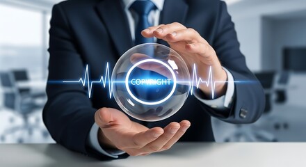 Protect your brand with copyright law as a businessman holds a copyright bubble with a heartbeat line in his hands in a modern office setting