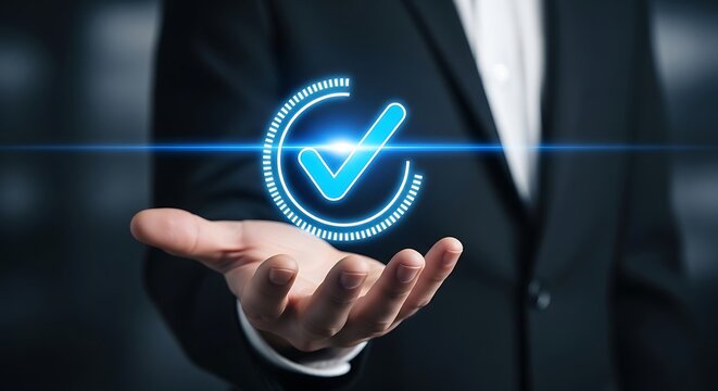 Successful business outcome presented with assurance checkmark, signifying quality and trust in project completion with a confident business professional