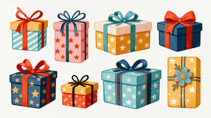 This festive illustration shows a colorful pile of gift boxes with various patterns (stars, snowflakes) and vibrant ribbons, creating a cheerful, holiday-themed scene perfect for celebrations.