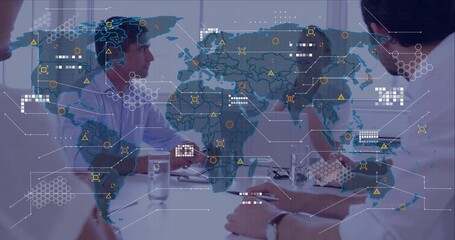 Business group listening while woman speaking, sparking global map overlay over laptop for review - Powered by Adobe