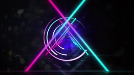 Magenta and cyan rays meeting, forming triangle, rings joining, core pulsing, showing neon emblem - Powered by Adobe