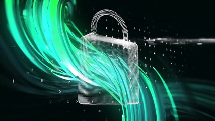 Wireframe padlock centered, teal streak initiating ribbons piercing mesh, showing secure data flow