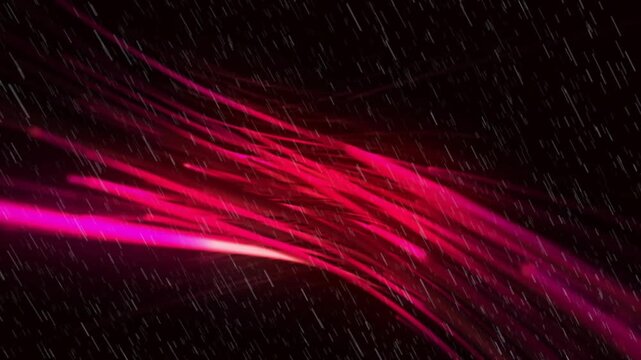 Magenta ribbons emerging lower-right, sweeping left and fanning into core over white rain streaks