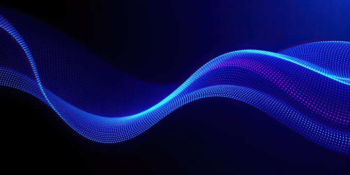 Dynamic glowing blue abstract wave of digital particles creates a futuristic high tech background