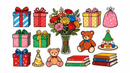 This festive illustration shows a colorful pile of gift boxes with various patterns (stars, snowflakes) and vibrant ribbons, creating a cheerful, holiday-themed scene perfect for celebrations.