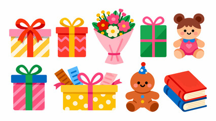 This festive illustration shows a colorful pile of gift boxes with various patterns (stars, snowflakes) and vibrant ribbons, creating a cheerful, holiday-themed scene perfect for celebrations.