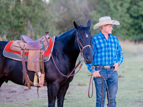 Cowboy in blue plaid shirt holding reins of saddled black horse in a grassy field. Oregon, USA