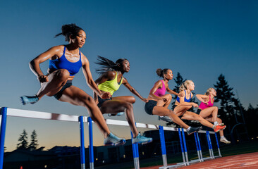 Athletes in motion leap hurdles on an outdoor track during a twilight training session. WA, USA