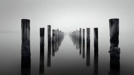 pier pylons stand in foggy water