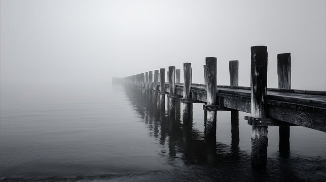 pier pylons recede into a misty fog - Powered by Adobe