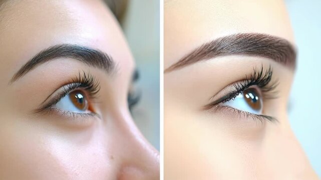 Before and after eyebrow transformation on young caucasian woman