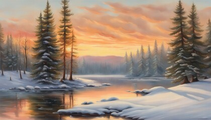 Digital Oil Painting of Tranquil Winter Landscape with Snow-Covered Pines and Golden Sunset Reflected in Icy River
