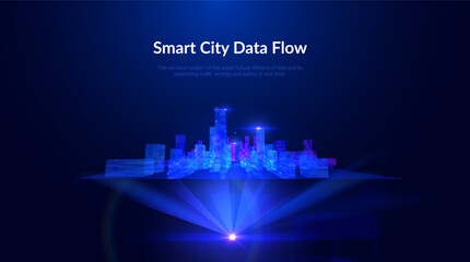 Blue violet futuristic cityscape with big data network flows vector background. Digital transformation metropolis skyline with data particles for technology presentations and fintech visualizations.