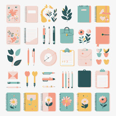 A vibrant collection of pastel-colored stationery and office supplies, including notebooks, pens, and decorative floral elements, arranged neatly in a grid.
