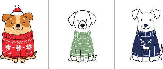 Cute Cartoon Dogs Wearing Christmas Sweaters Vector Set, Holiday Pets, Cozy Winter, and Festive Animals