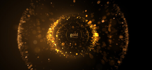 Burning golden glowing bokeh circle particles luxury vector effect. Dramatic light background for glamorous events. Perfect wedding invitation and festive decoration concept.