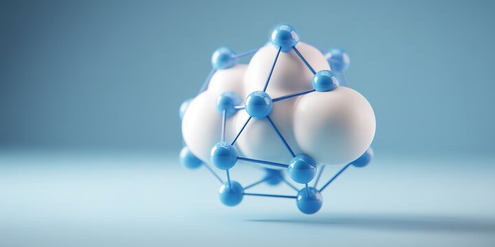 Blue and white molecular structure floating against a light blue background in a scientific representation of cloud computing