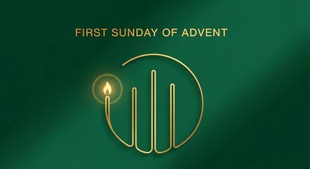 First sunday of advent candle lit in a golden oval wreath on a deep green background with subtle light and shadow creating a festive and spiritual atmosphere for christmas season celebrations