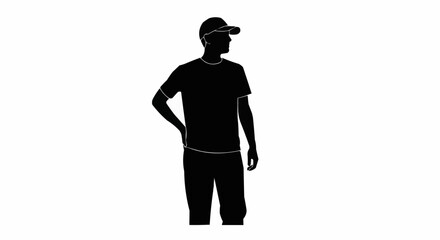 Silhouette of a man wearing a cap and t-shirt, standing with hand on hip.