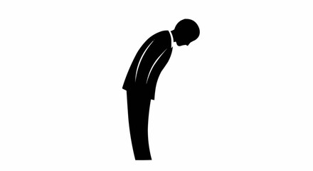 Silhouette of a businessman bowing deeply in a formal gesture of respect.
