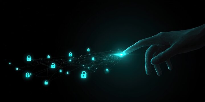 Hand reaching out to digital locks symbolizing cybersecurity and data protection in a dark environment