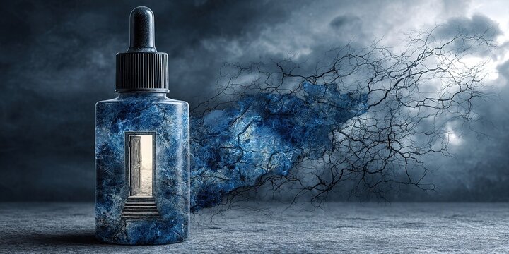 Mysterious blue bottle with a door leading into an unknown space in a dramatic, cloudy landscape
