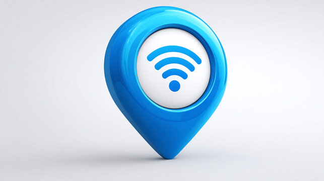 A blue pin marker with a wireless internet symbol inside, indicating a Wi-Fi hotspot location, standing out against a plain background. - Powered by Adobe