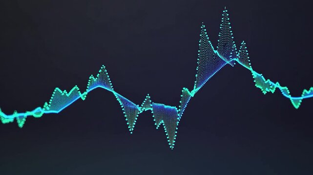 Animated visualization of a digital sound wave, audio signal, or data analysis graph, represented by glowing blue and green particles fluctuating rhythmically on a dark background