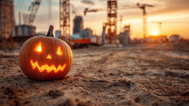 A festive Halloween jack-o'-lantern glows warmly against a construction site, blending spooky fun with urban progress under an evening sky.