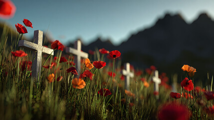 A solemn memorial landscape with white crosses amid vibrant poppies, honoring remembrance in a serene, natural setting with mountain backdrop.