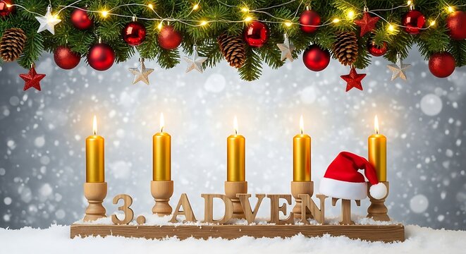 Five glowing golden candles on a wooden stand with the word advent in wooden letters decorated with a santa hat and christmas lights set against a snowy background - Powered by Adobe