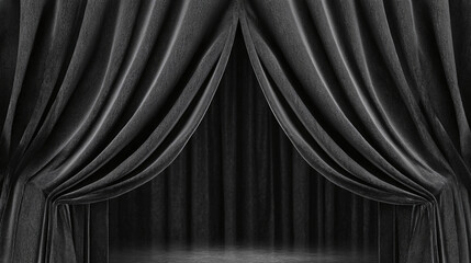 Dark velvet curtains create a dramatic theatrical backdrop. Soft folds and deep shadows evoke a sense of mystery and anticipation for a performance.