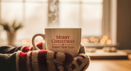 Hands in Mittens Holding Steaming Mug with Christmas Greeting