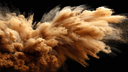 Abstract explosion of swirling, golden dust particles against a dark backdrop, creating a dynamic and visually striking effect.