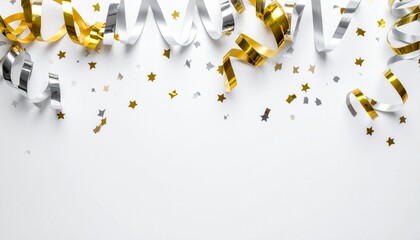 Gold and Silver Party Streamers on White Surface &ndash; New Year&rsquo;s Eve Top View
