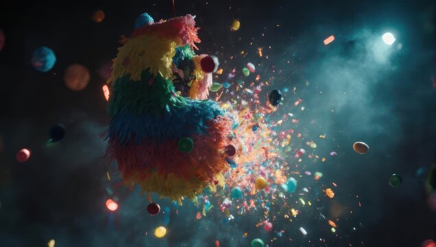 Exploding Pi?ata in Space with Colorful Confetti and Planets.
