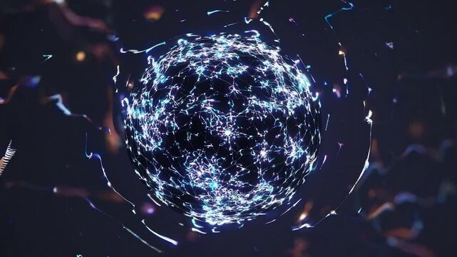 Futuristic digital sphere connecting glowing nodes within a complex plexus structure, representing global communication, artificial intelligence, big data networks, and innovative technology