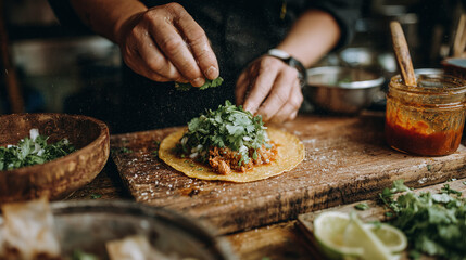 Chef prepares a delicious taco with fresh cilantro on a rustic wooden board, a culinary masterpiece of flavors and textures. Ready to enjoy!