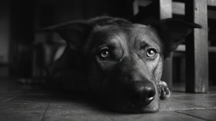 Naklejka na ściany i meble Black and White Close-Up Photo of a Resting Dog Lying on Wooden Floor