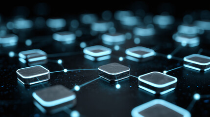 A network of interconnected nodes glows with cool, futuristic light, suggesting advanced technology or complex digital systems.