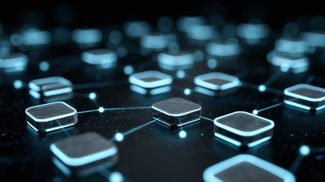 A network of interconnected nodes glows with cool, futuristic light, suggesting advanced technology or complex digital systems.
