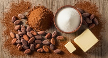 Fototapeta premium Title (200 characters): Assorted baking ingredients including almonds, coconut milk, butter, and cocoa powder on wooden surface - perfect for baking, cooking ingredients, recipe content, and rustic 