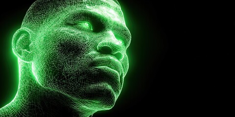 Digital representation of a human head in green wireframe style, showcasing innovative technology and creativity in design and art