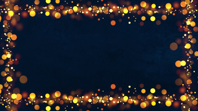 Abstract festive christmas, new year's eve, winter, party or holiday celebration template, greeting card - Frame made of golden yellow bokeh, fairy lights, isolated on dark blue background texture