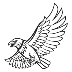 Fototapeta premium Black and white illustration of a soaring eagle with outstretched wings Keywords: eagle, bird