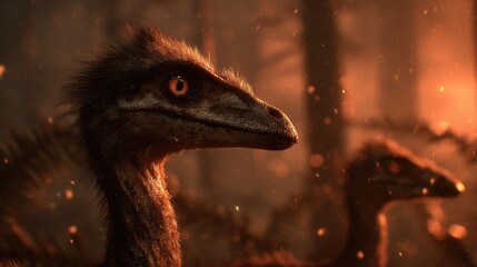 Close-up of a Velociraptor dinosaur in a fiery prehistoric forest with detailed textures