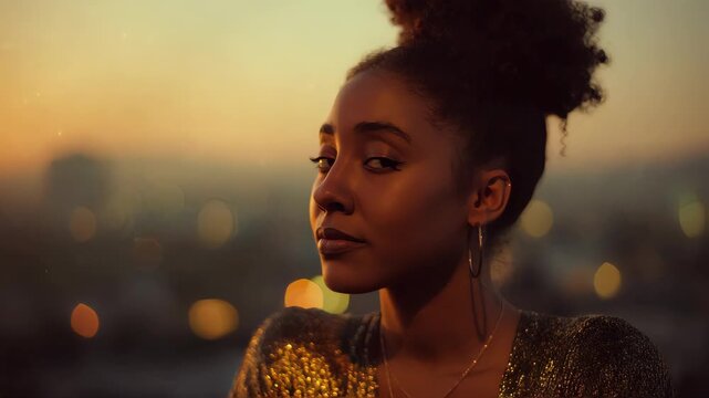 Cinematic side profile of a young Black woman at a rooftop party during sunset, glittery gold dress, naturel curly hair styled in a high puff, warm city lights in the background